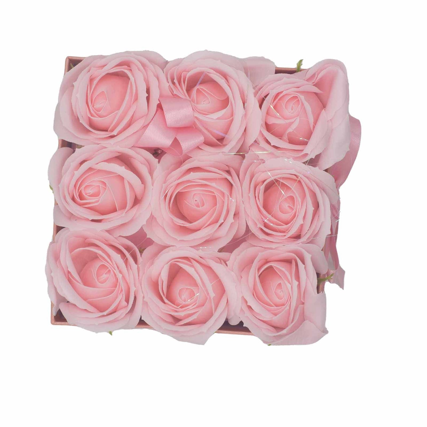 Seifenblumen Geschenkstrauß mit 9 Rosa Rosen in Quadratische Box