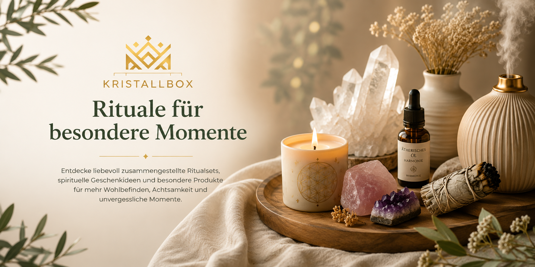 Kristallbox Hero-Banner mit Ritualsets für Meditation, Achtsamkeit und Wohlbefinden sowie Duftkerze, Kristallen, Räucherwerk und ätherischem Öl.