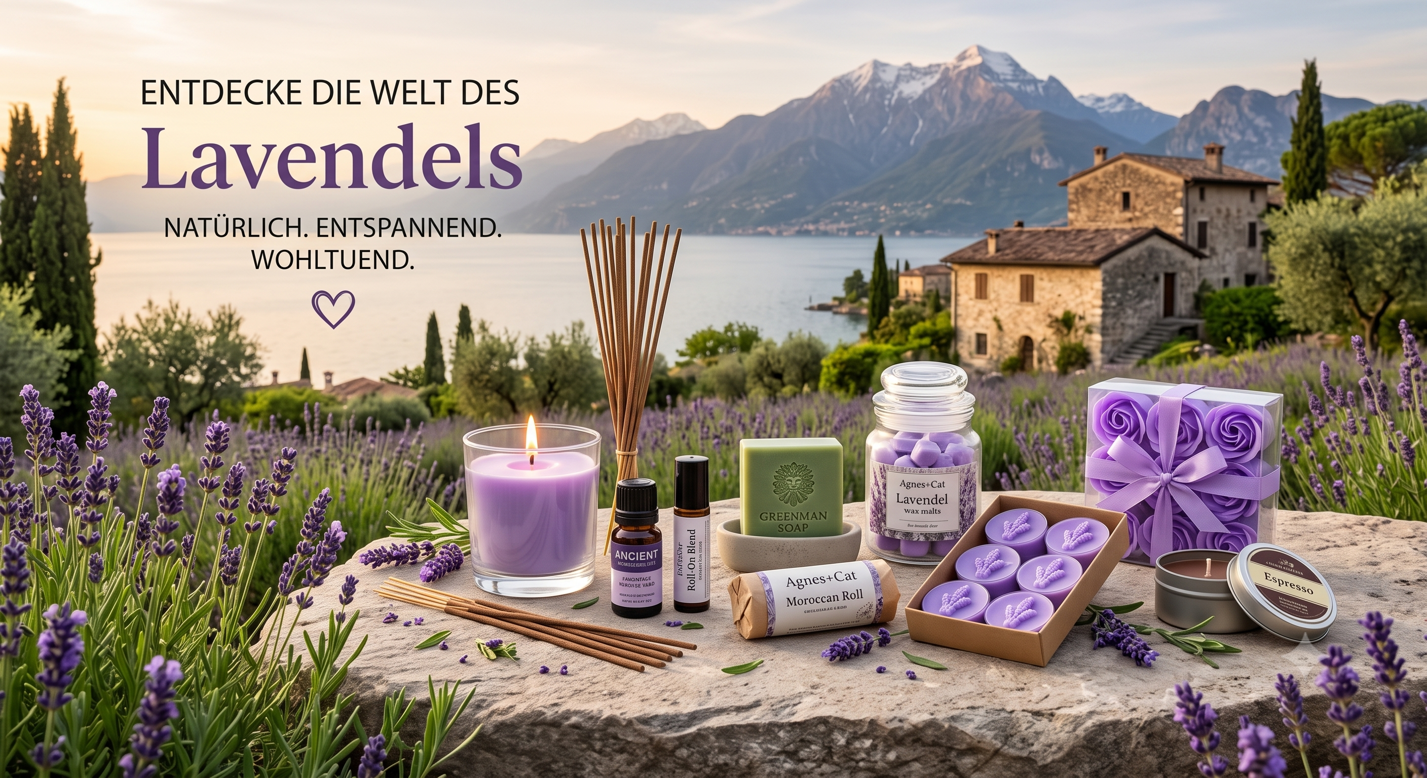 Verschiedene Lavendel-Pflegeprodukte und Kerzen arrangiert vor einem malerischen Lavendelfeld an einem See bei Sonnenuntergang.