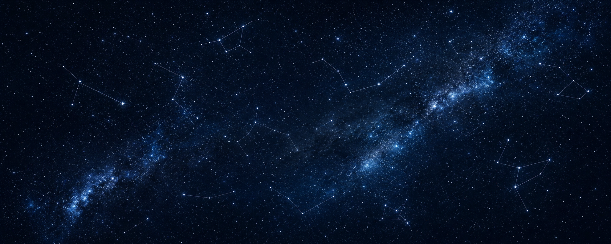 Navyblauer Sternenhimmel mit Milchstraße und bekannten Sternbildern wie Orion, Kassiopeia und Großer Bär