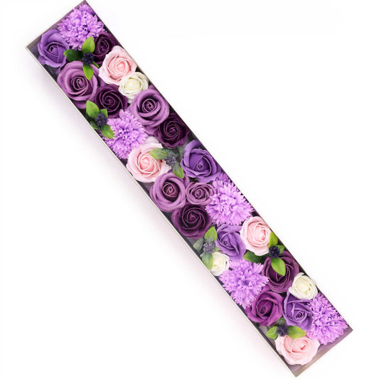 Extralange Seifenblumen Geschenkbox Lavendelfarbene Rose und Nelke
