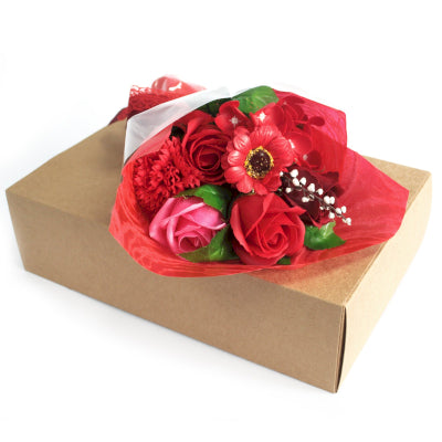 Handgebundener Seifenblumenstrauß in Geschenkbox Rot