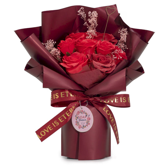 Großer Seifenblumenstrauß Rote Rosen mit Grußkarte Ewige Liebe