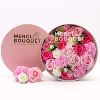 Runde Seifenblumen Geschenkbox Babyglück Rosas