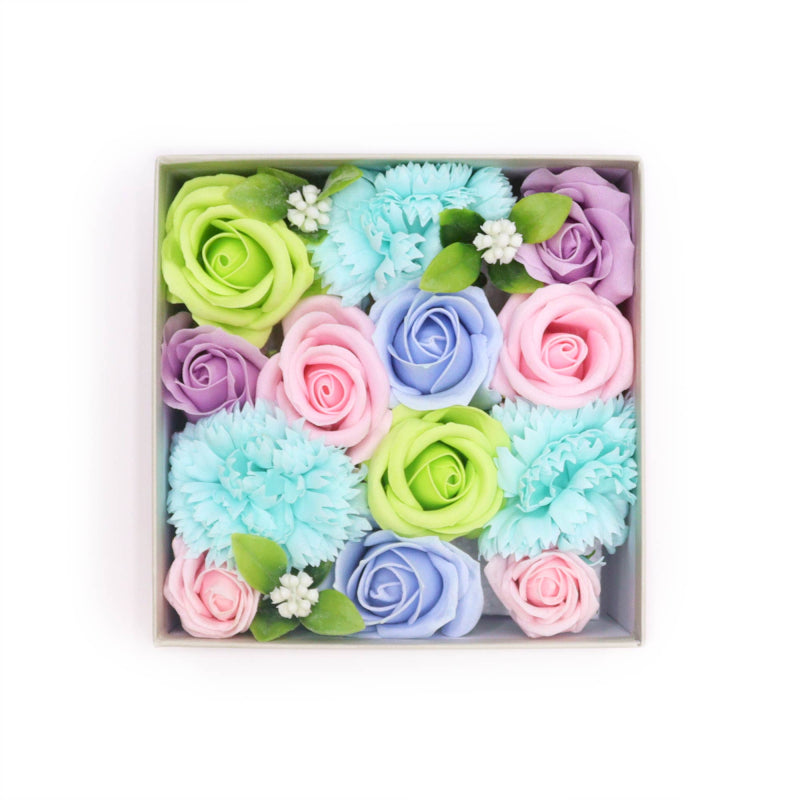 Quadratische Seifenblumen Geschenkbox Babyglück Blaus