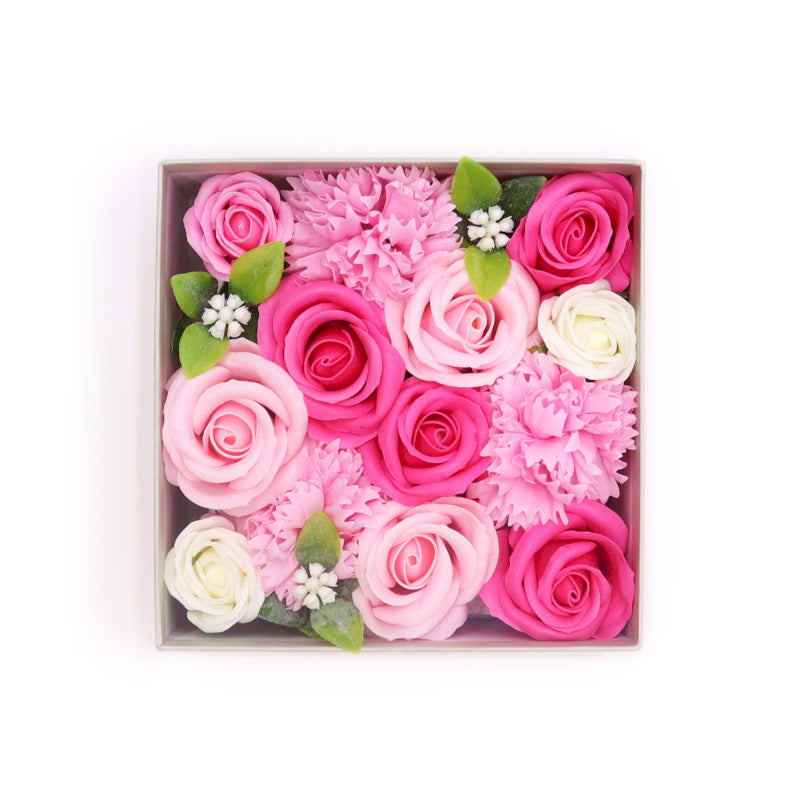 Quadratische Seifenblumen Geschenkbox Babyglück Rosas