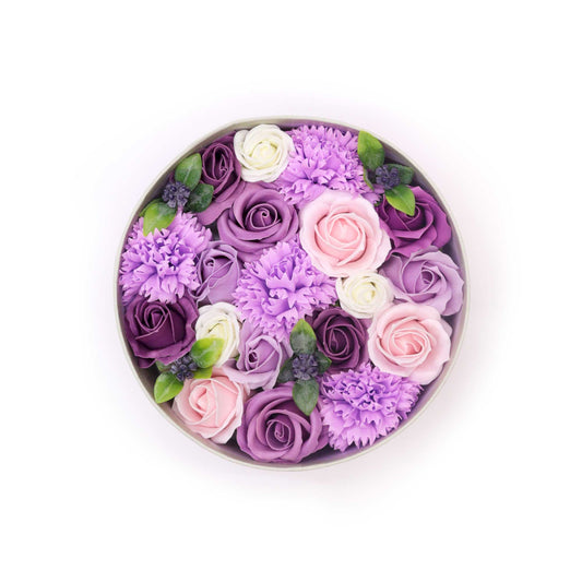 Runde Seifenblumen Geschenkbox Lavendelfarbene Rose und Nelke