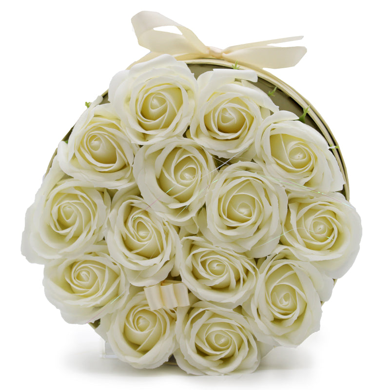 Seifenblumen Geschenkstrauß mit 14 Cremefarbene Rosen in Runde Box