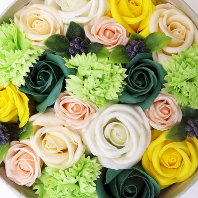 Runde Seifenblumen Geschenkbox Frühlingsfreude Gelb und Grün