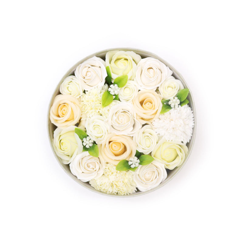 Runde Seifenblumen Geschenkbox Hochzeitsglück Weiß und Elfenbein