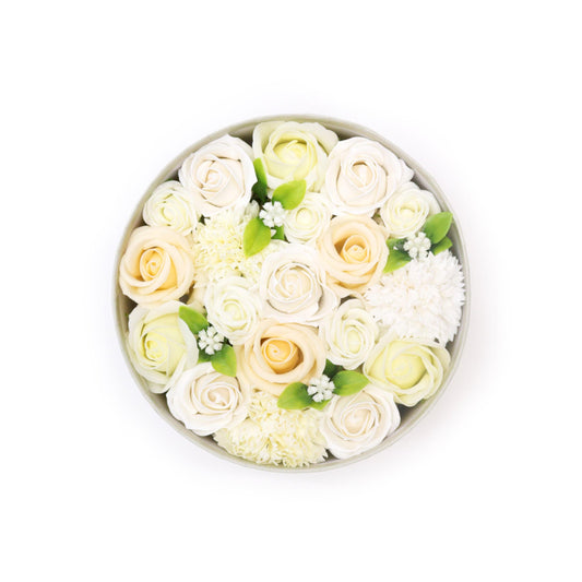 Runde Seifenblumen Geschenkbox Hochzeitsglück Weiß und Elfenbein