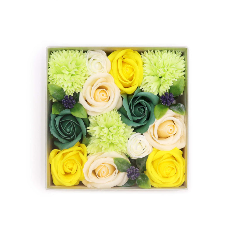 Quadratische Seifenblumen Geschenkbox Frühlingsfreude Gelb und Grün