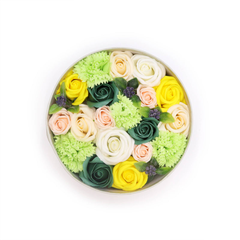 Runde Seifenblumen Geschenkbox Frühlingsfreude Gelb und Grün