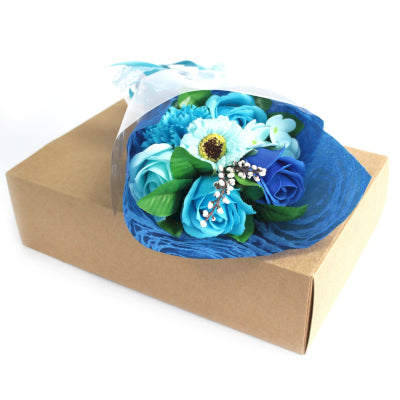Handgebundener Seifenblumenstrauß in Geschenkbox Blau