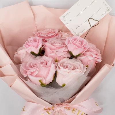 Großer Seifenblumenstrauß Rosa Rosen mit Grußkarte Ewige Liebe