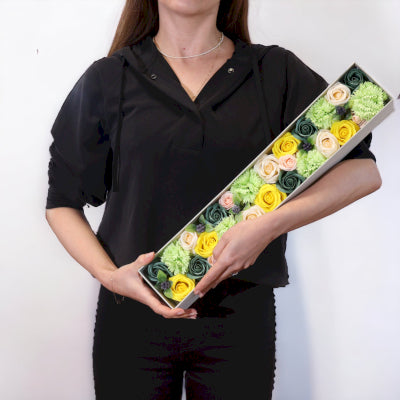 Extralange Seifenblumen Geschenkbox Frühlingsfreude Gelb und Grün
