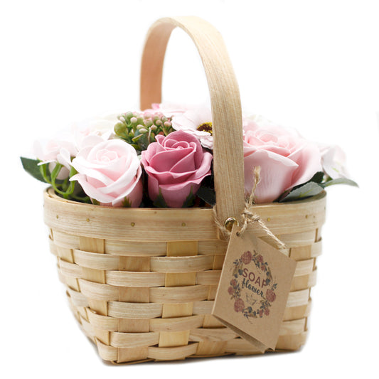 Großer Seifenblumenstrauß Rosa im Weidenkorb